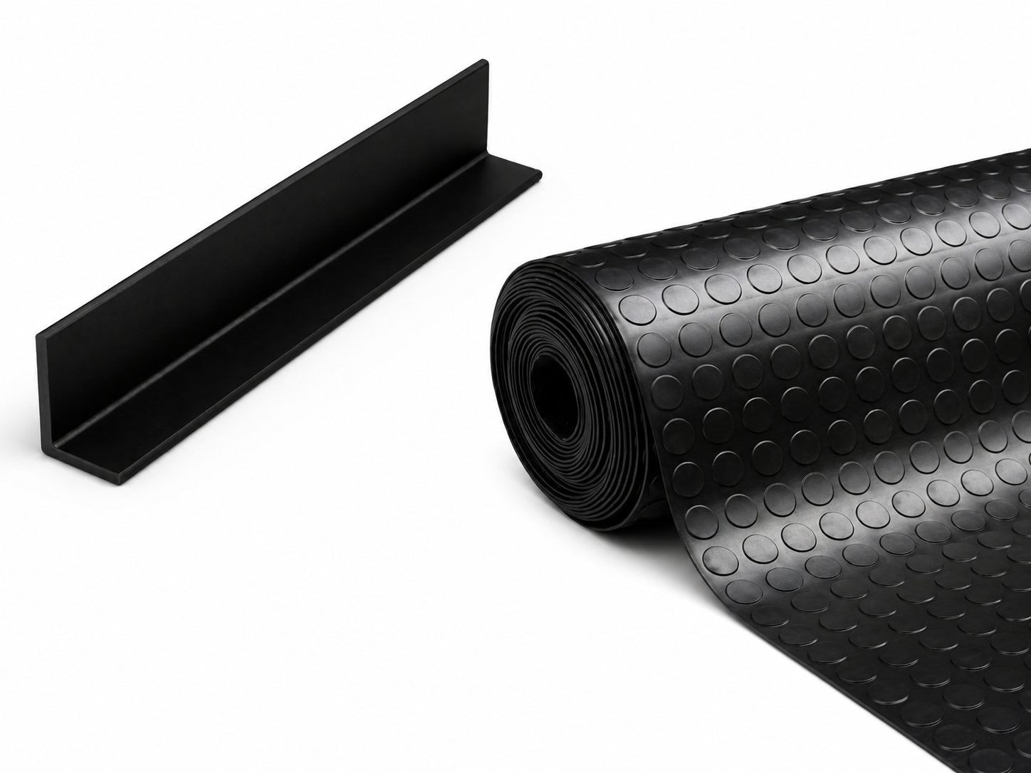 Black metal channel and roll of black rubber mat on a white background