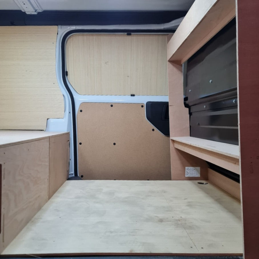 Installed van shelving extension compatible with raised false floor – perfect for carrying plywood, plasterboard, long tools