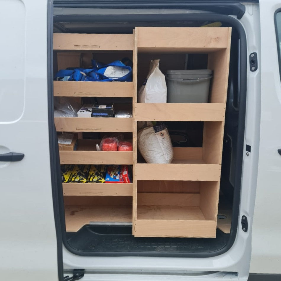 Rear view of the super‑wide racking installed in Toyota Proace