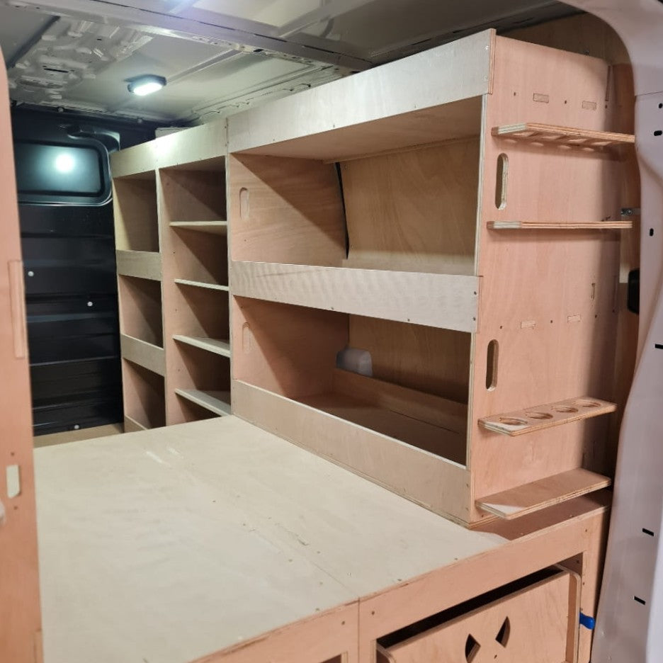 Heavy‑duty shelving on the Proace super‑wide rear racking unit