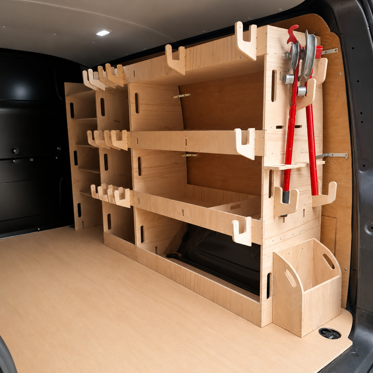 Toolbox racking system installed on the full driver side of Toyota Proace