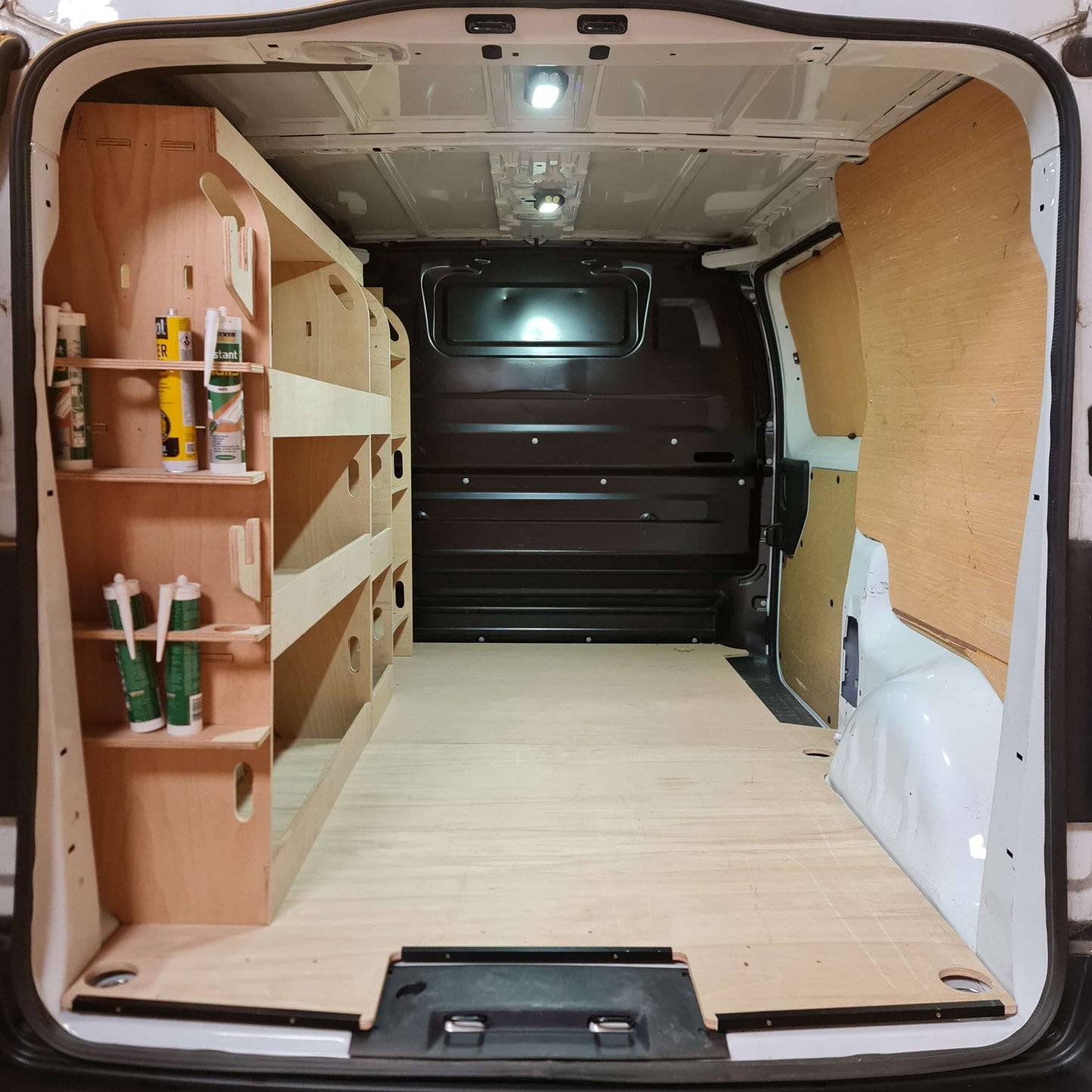 Toyota Proace driver side van racking shelving set made from strong 12mm plywood for tools, power tools and equipment storage