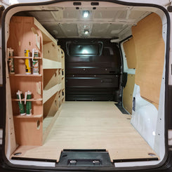 Toyota Proace driver side van racking shelving set made from strong 12mm plywood for tools, power tools and equipment storage