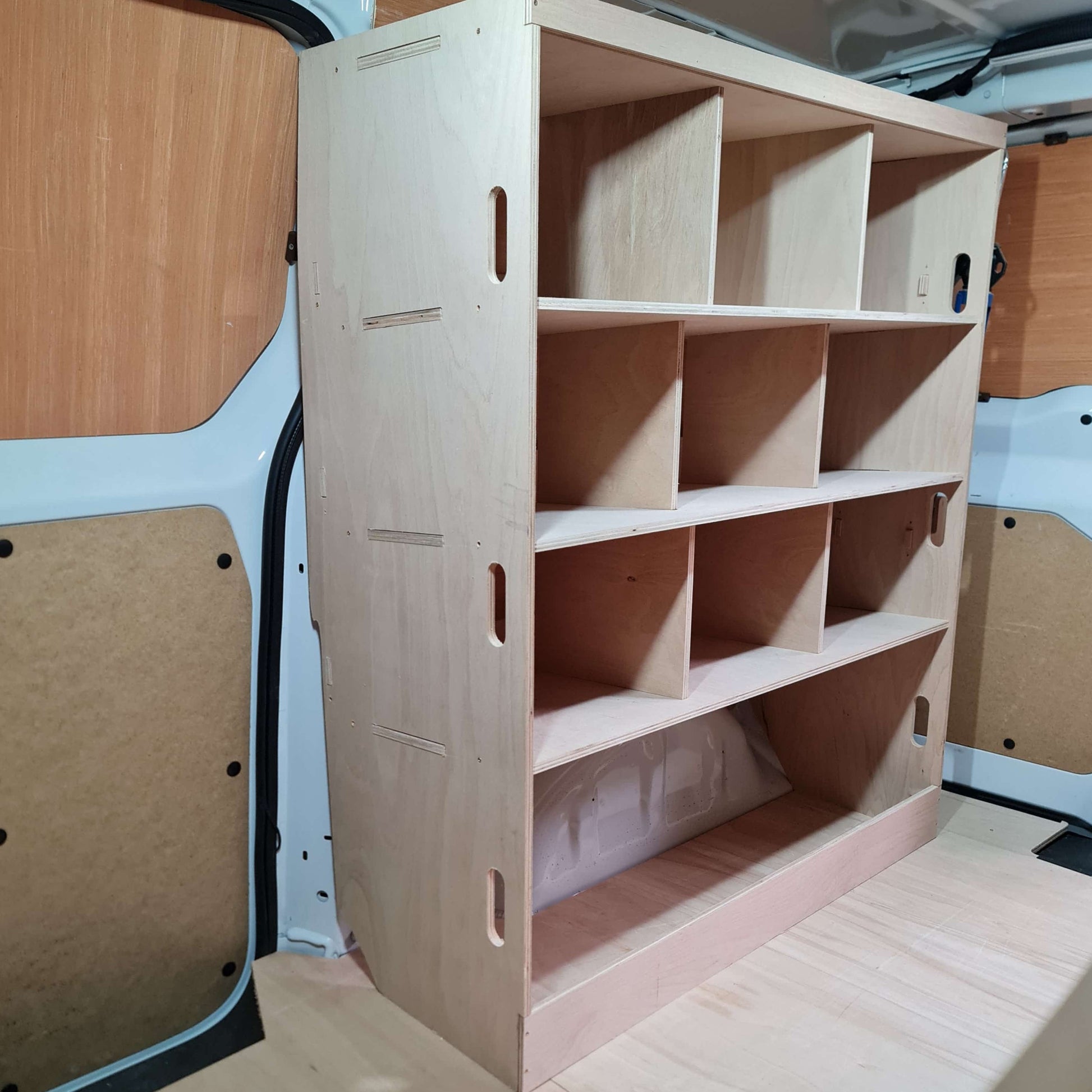 Toyota Proace container shelving racking system designed to hold 9 standard 20L Euro stacking boxe