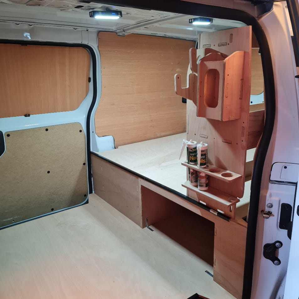 Toolbox racking system for Toyota Proace false floor, custom‑fit plywood construction