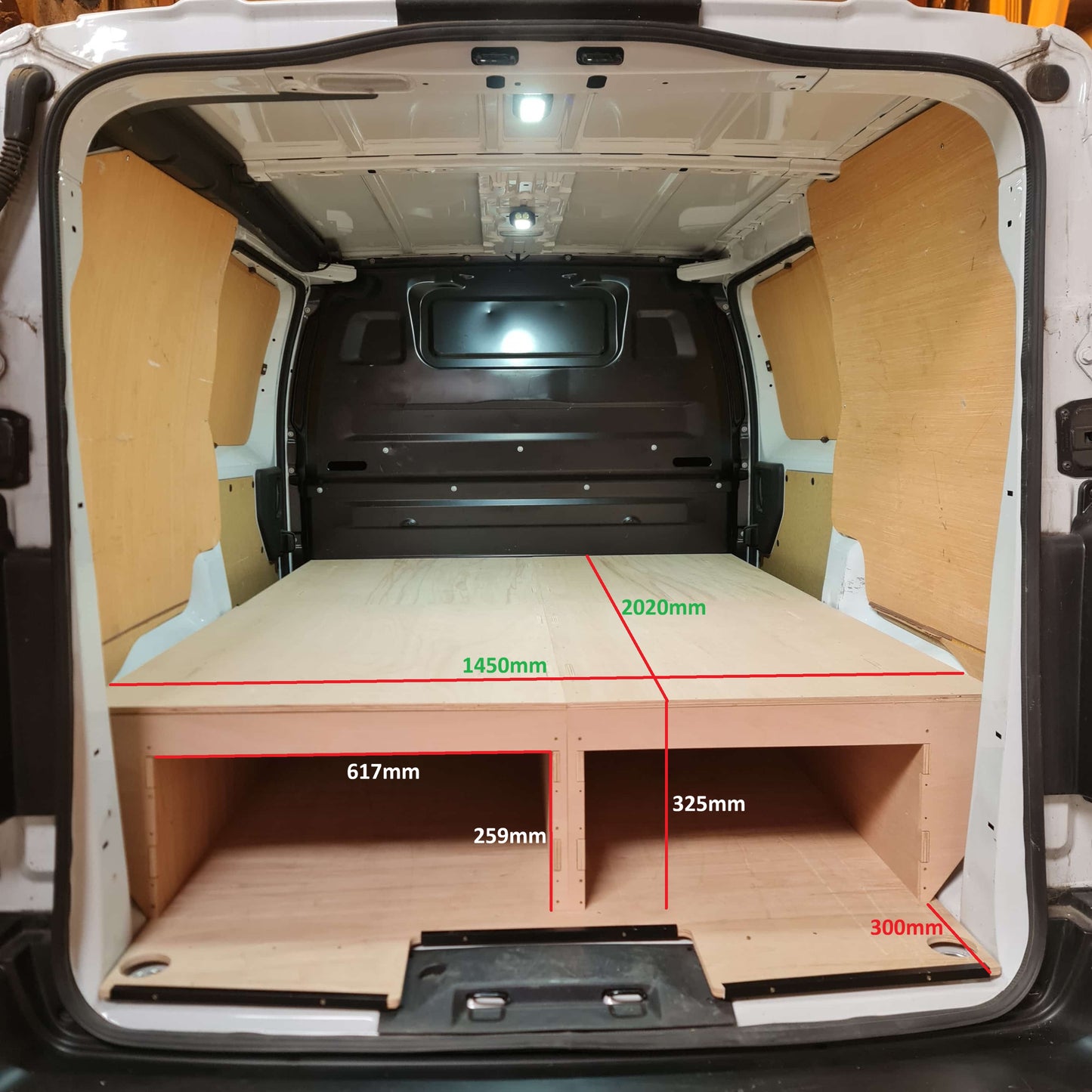 Toyota Proace underfloor van storage system with raised plywood floor for trade tools and materials