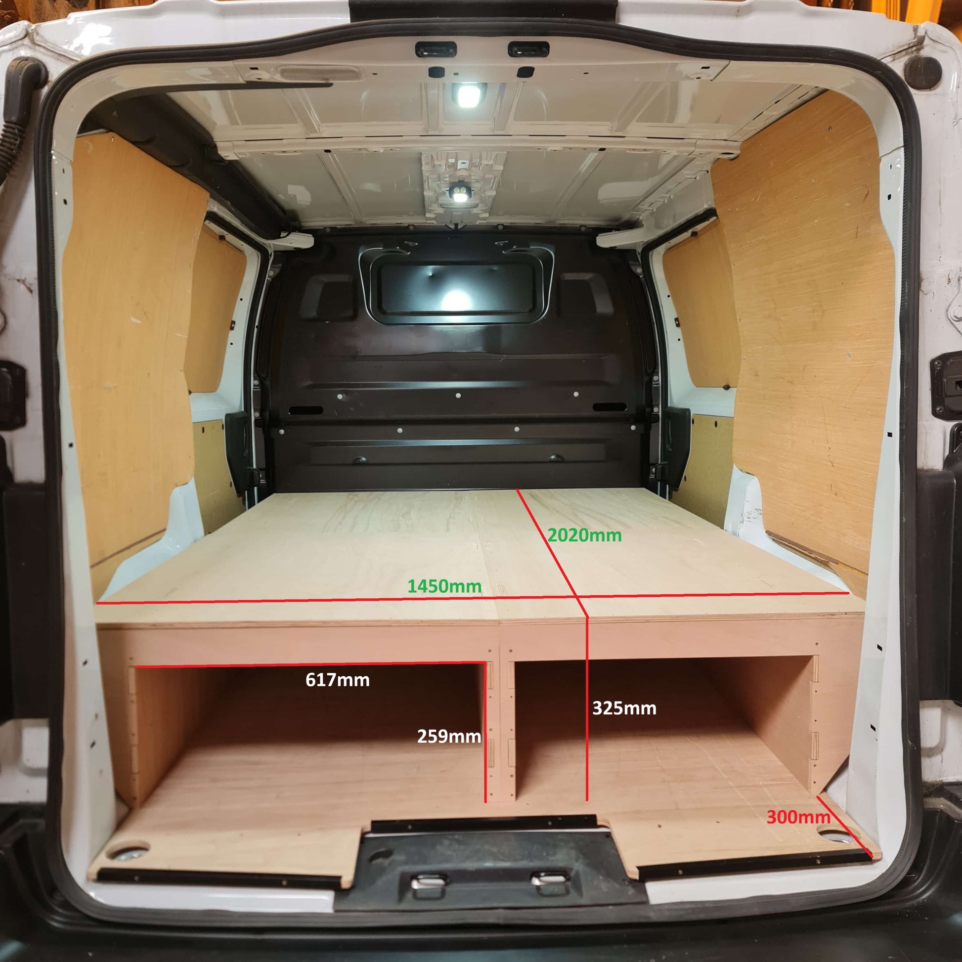 Toyota Proace underfloor van storage system with raised plywood floor for trade tools and materials
