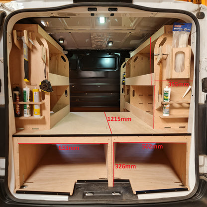 Wooden storage shelves inside a vehicle toyota proace with measurements indicated