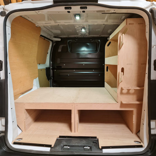 Toyota Proace false floor with passenger side racking set for organised tool storage and everyday van equipment