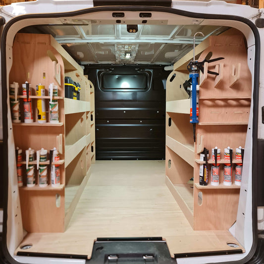 Toyota Proace van interior with 12mm plywood rear racking shelves and storage compartments for tools, equipment and work essentials.