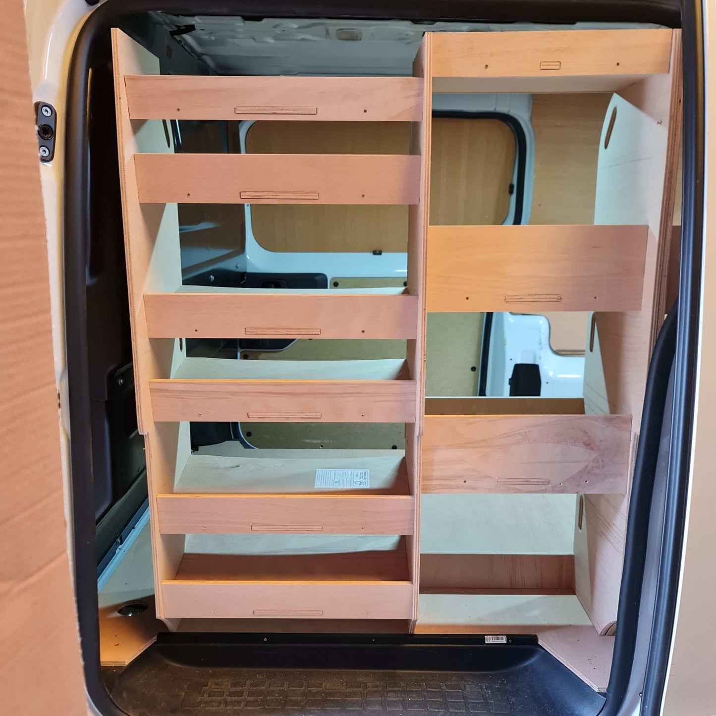Toyota Proace rear van racking with practical tool storage shelving for tradespeople, contractors, plumbers and electricians