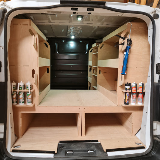 Toyota Proace false floor with 12mm plywood racking installed, designed for organised professional van storage
