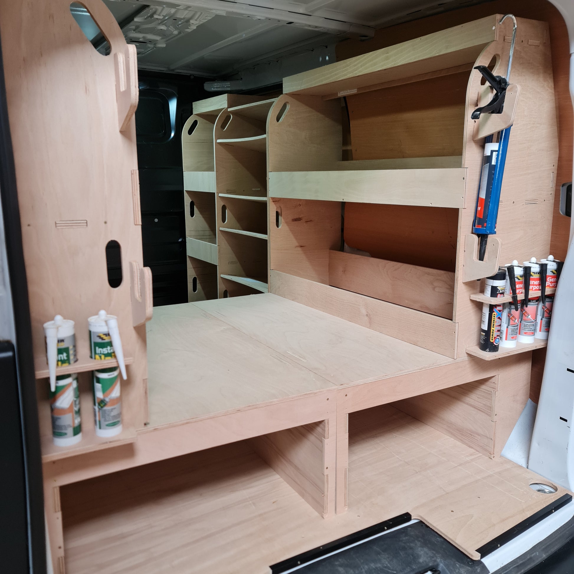 Driver side Toyota Proace van racking with tool storage shelving made from durable 12mm plywood