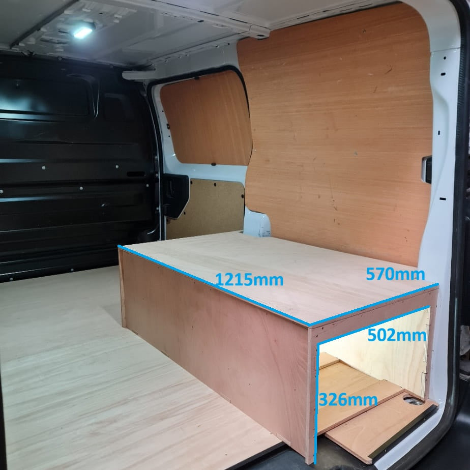 Vauxhall Vivaro Euro box racking mounted on raised false floor for organised van storage