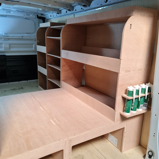 Driver side racking system with tool and drill storage compartments for professional organisation