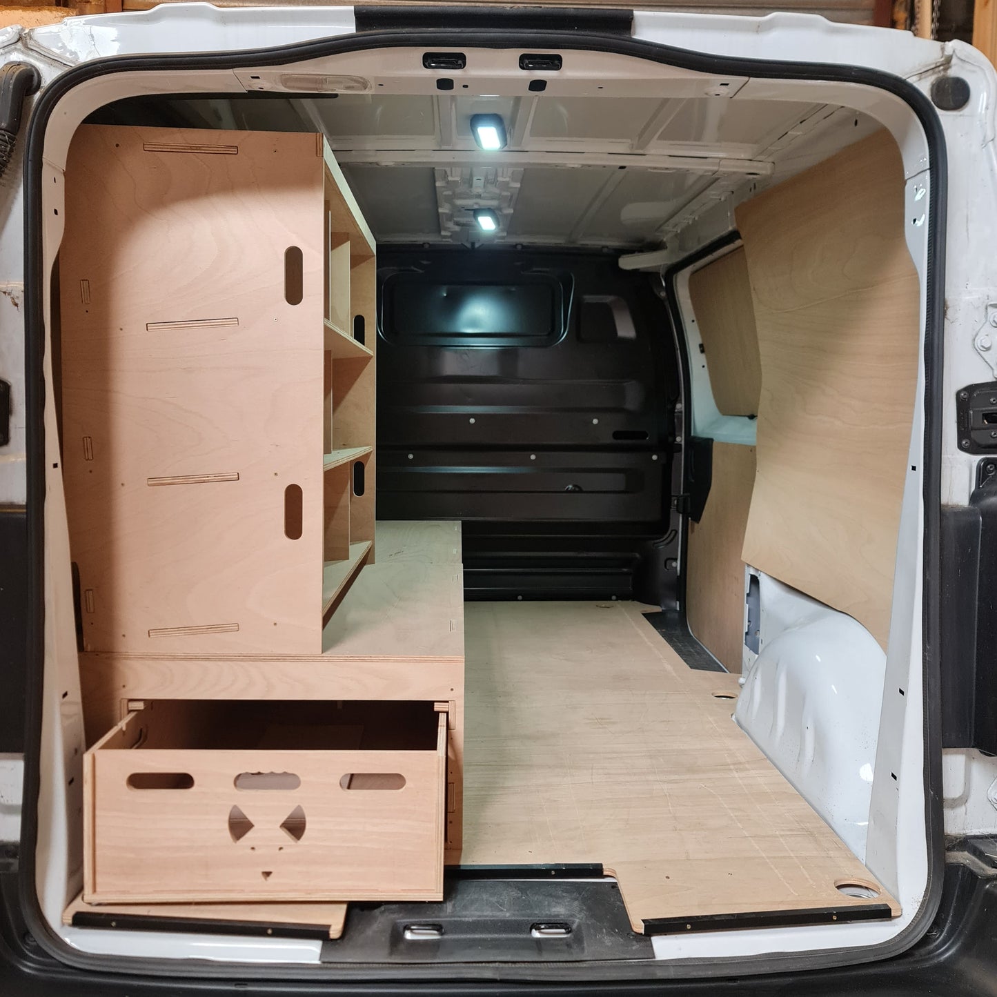 Vauxhall Vivaro false floor with racking for 9 Euro boxes