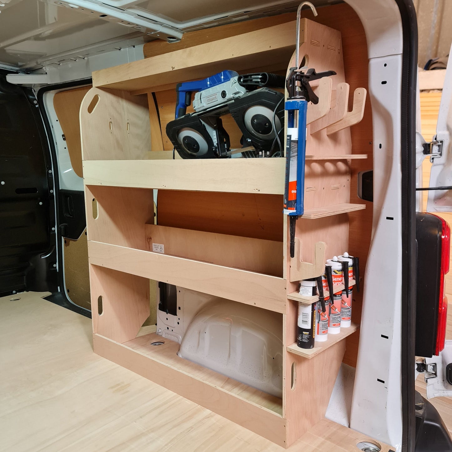 Vauxhall Vivaro passenger side tool shelving for fittings, fixings, drills and accessories