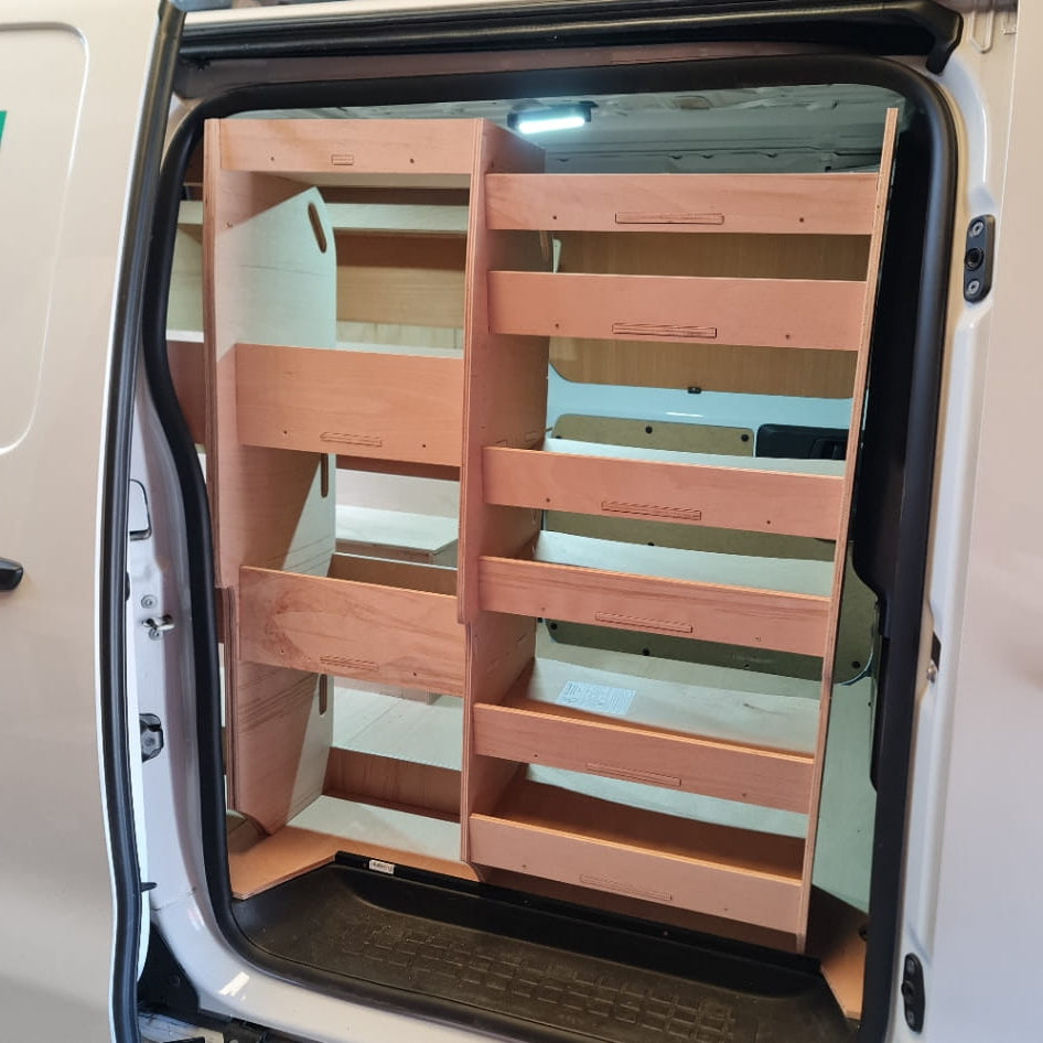 Vauxhall Vivaro racking suitable for side door access with tool shelves and tube storage
