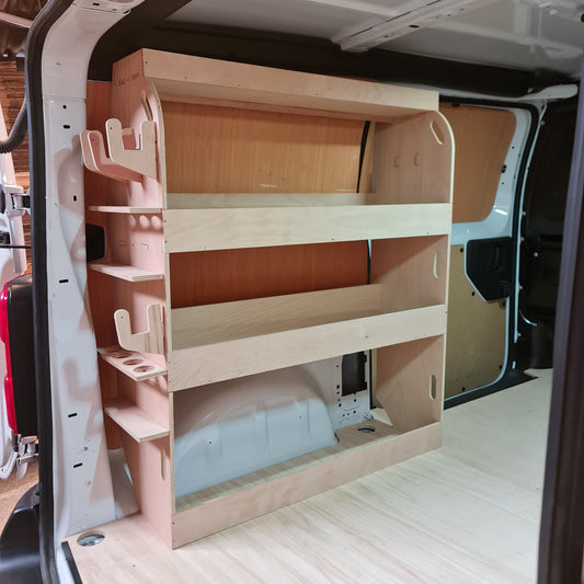 Vauxhall Vivaro small plywood racking unit with shelves, tube storage and hooks