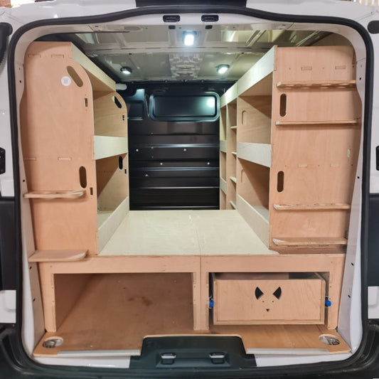 Vauxhall Vivaro racking with spray can holder, silicone tube storage, hooks and glove box