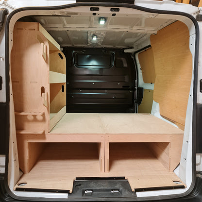 Vauxhall Vivaro underfloor storage with plywood racking for tools, tubes and fittings