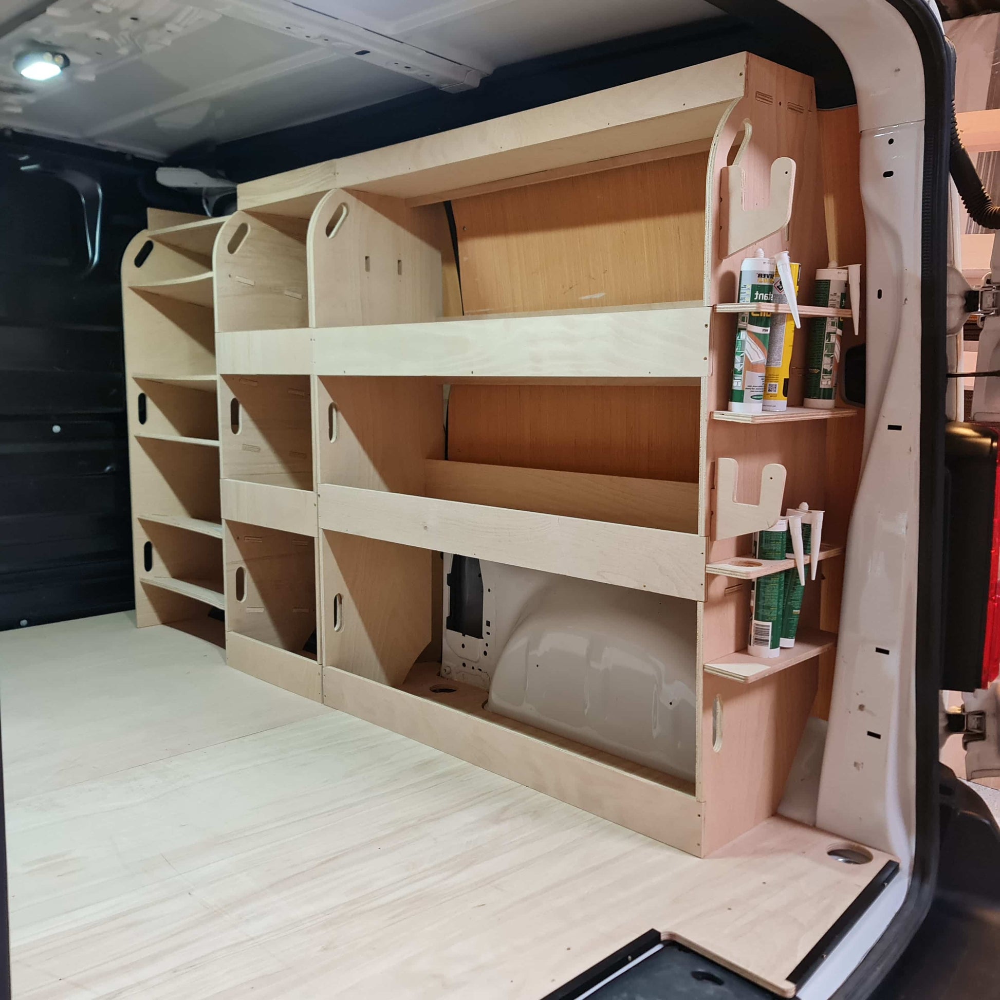 Vauxhall Vivaro van racking with side hooks, tool shelves and drill storage for trade use