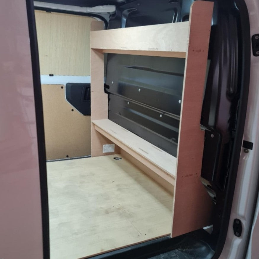 Side view of van racking system – bulkhead-mounted shelf for Citroën Dispatch, Vauxhall Vivaro, Toyota Proace